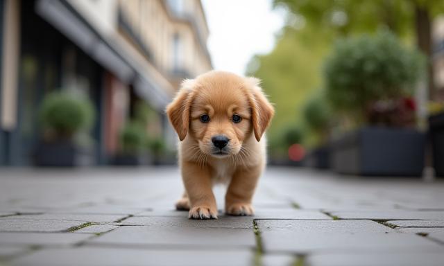 Chiot découvrant l'environnement urbain